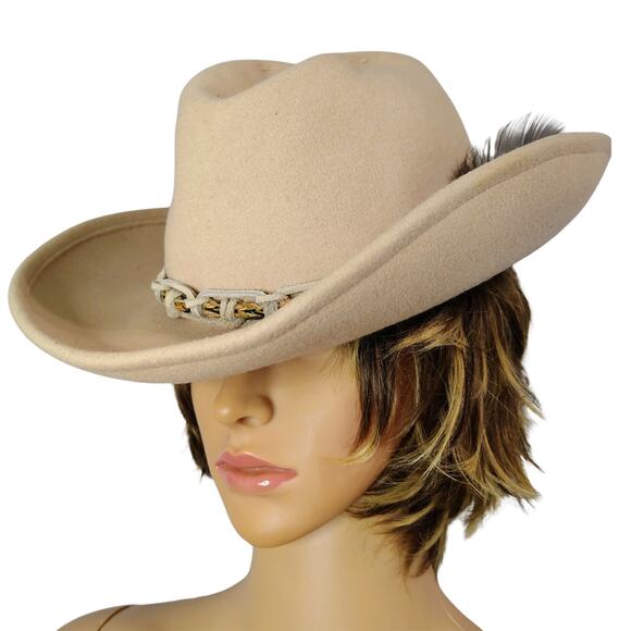 Tan Lancaster Wool Cowboy Western Hat Leather Rope Feather Hat Band Size 7 Women - Picture 3 of 10